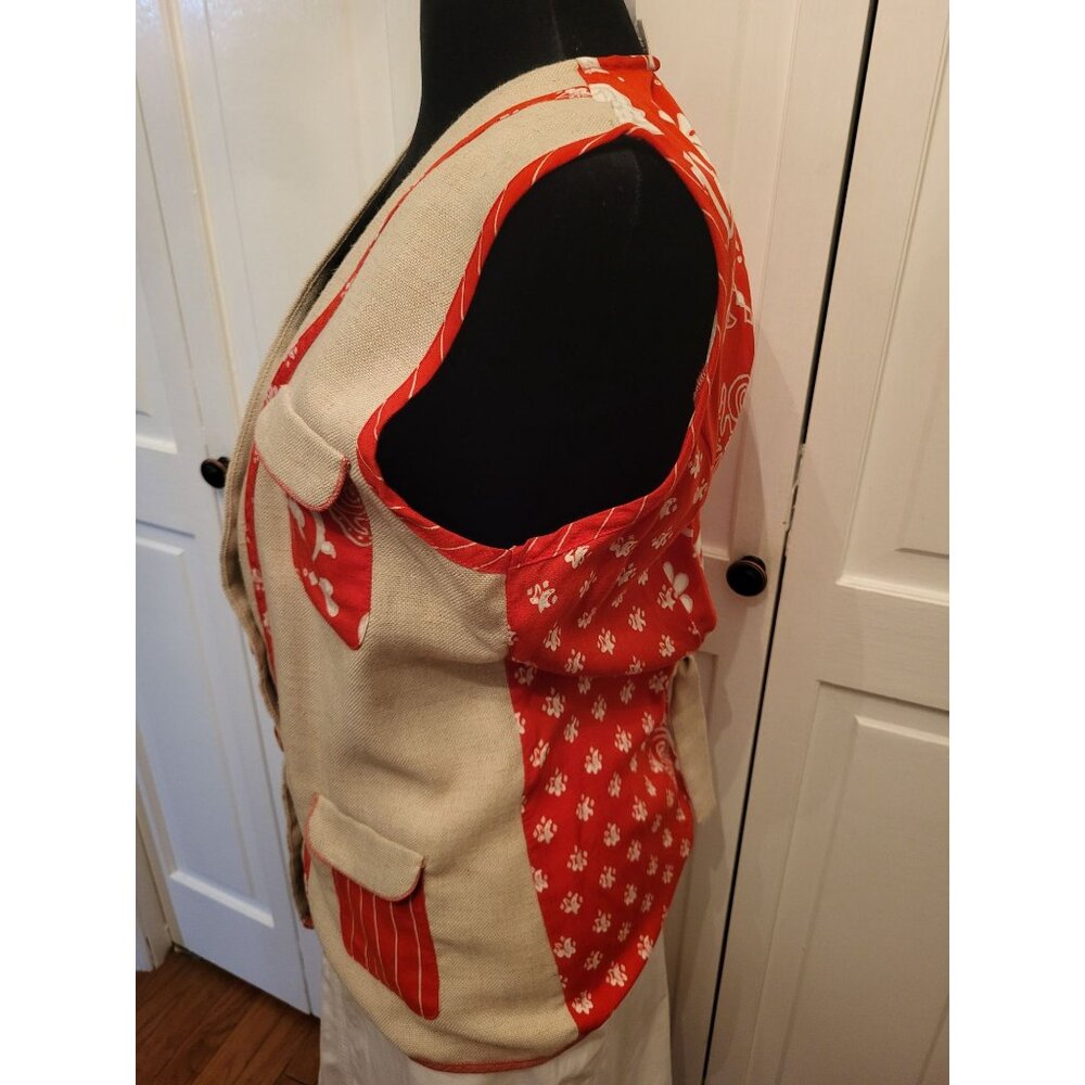 Vintage 90s Linen Blend Coral Print Button Up Vest 6 Retro Preppy Old Money - Picture 5 of 11